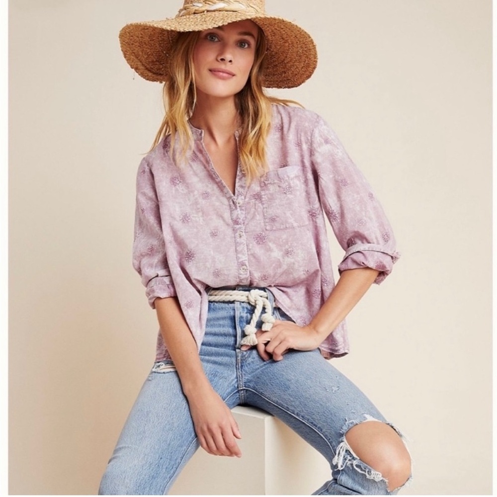 Anthropologie Pilcro Whitney Embroidered Trapeze Buttondown Lilac Size Small - Picture 2 of 14